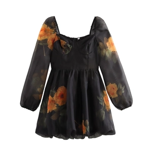 Robe Courte Fleurie Femme Col Carré Manches Longues Organza Mesh Taille Haute Doux Sexy Élégant Noir