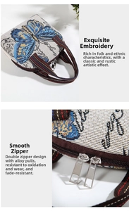 Detail of smooth dual alloy zippers and floral embroidery on ethnic style handbag