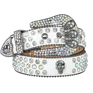 Y2K white crocodile pattern leather belt with colorful rhinestones and metal skulls
