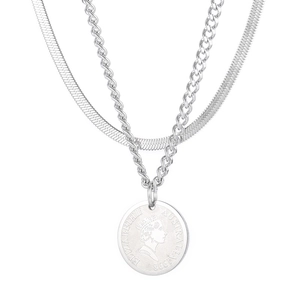Double-layered silver necklace with snake chain and portrait coin pendant for women