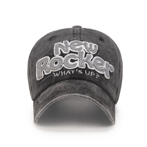 Washed grey cotton baseball cap with New Rocker embroidery and distressed finish