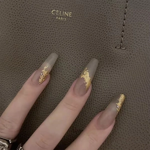 Coffin Press On Nails Long Nude Translucent With Gold Foil And Rhinestone Artificial Fake Nail Tips For Women Elegant Luxury