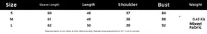 Size chart table for women's knit cardigan showing sleeve, length, shoulder and bust in cm