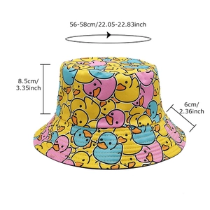 Yellow bucket hat with cartoon duck prints and dimension details 56-58cm for sun protection