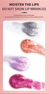 Muestras detalladas de brillo de labios con purpurina y acabado brillante perlado