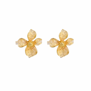 Elegant gold champagne floral stud earrings with crystal texture and pearl center
