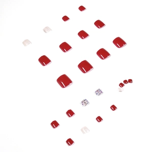 Unghie finte piedi rosso scuro e bianco glitter con strass argentati brillanti set