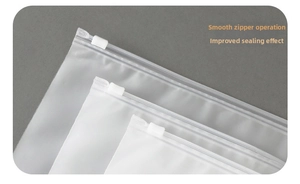 Close-up of frosted translucent EVA eyelash storage bags with smooth white plastic zippers