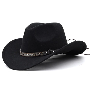 Classic black wool felt western cowboy hat with ethnic woven band and metal buckle