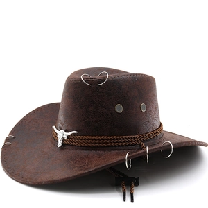 Western Cowboy Hat Faux Leather Wide Brim Retro Bull Head Metal Ornament Punk Style Outdoor Sun Hat For Men Women