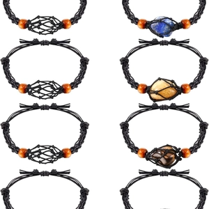 Bracciale regolabile a gabbia di cristallo intrecciato con pietre e perle di legno