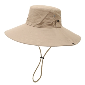 Khaki wide brim sun hat with adjustable chin strap and breathable vents for hiking