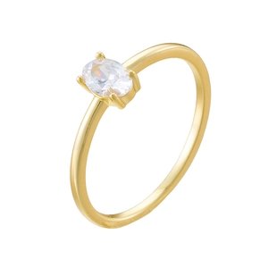 Minimalist gold sterling silver ring with oval clear zircon in a four-prong setting
