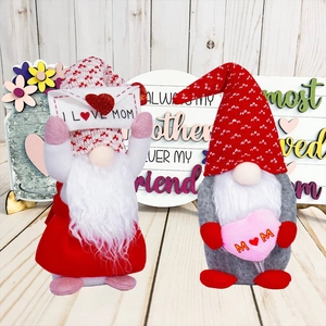 Two Mother's Day faceless gnome ornaments with hearts and envelopes in red and grey