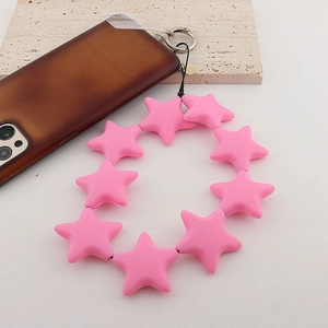 Pink star-shaped beaded phone charm lanyard with metal ring and clear connector card