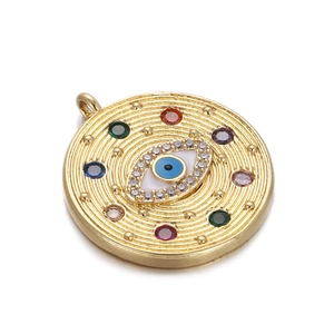 Detail view of 14K gold plated Evil Eye pendant with colorful gems and white diamonds