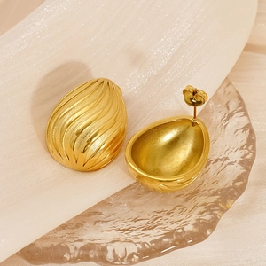 Water-drop shaped 18K gold plated stainless steel stud earrings with ripple texture