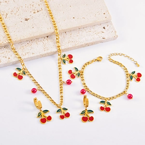 Cherry Fruit Pendant Necklace Bracelet Earrings Stainless Steel Gold Plated Enamel Sweet Fresh Accessories For Women Girls