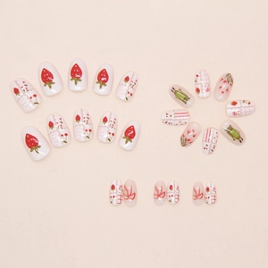 Sweet strawberry and red bow press on nails with 24 pieces of cute cartoon nail art