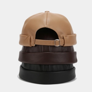 Three PU leather docker hats in black, dark brown, and khaki with metal buckle detail
