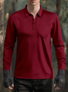 Detail of burgundy men's tactical long sleeve polo shirt with breathable mesh fabric