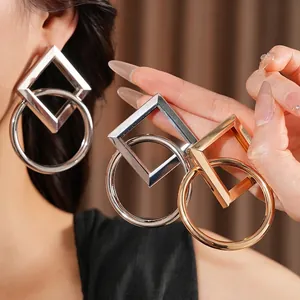 Boucles d'oreilles géométriques évidées en forme de losange et cercle, doré et argenté