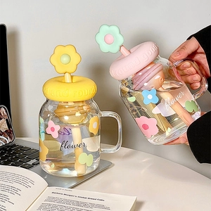 Flower Pattern Glass Cup With Handle And Lid Straw High Borosilicate Heat Resistant Desktop Drinkware