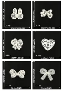 Detailed size and weight specifications for six styles of white lace bow appliques