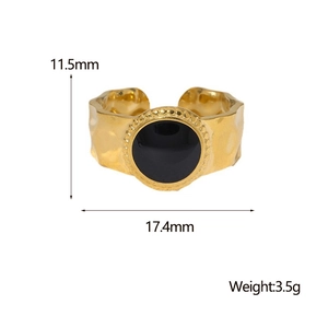 Detail view of 18K gold plated steel ring showing dimensions 11.5mm height and 17.4mm diameter