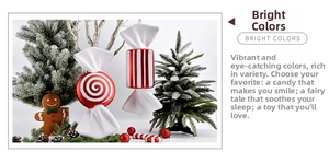 Close-up of red and white striped Christmas candy ornaments with glitter accents