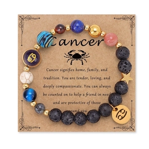 Detail of Cancer zodiac beaded bracelet with natural lava stones on a vintage kraft card