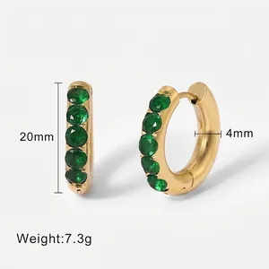18K gold plated hoop earrings with green zircon stones, 20mm size, weight 7.3g