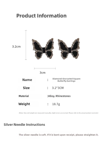 Macro detail of black butterfly stud earrings with rhinestones measuring 3.2cm by 3cm