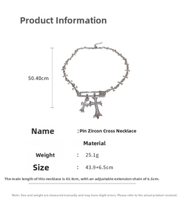 Detailed size parameters of silver safety pin zircon cross necklace in copper and zircon
