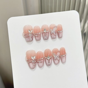 Handmade Press On Nails Pink Gradient Cat Eye Shimmer 3D Butterfly Rhinestone Artificial Pearl Chain Elegant Luxury Style For Women