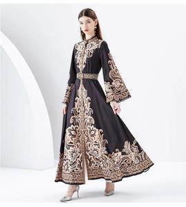 Detailed view of luxury palace-style floral dress with bell sleeves and high stand collar