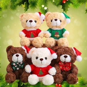 Detail of five assorted Christmas teddy bears with holiday hats and festive sweaters