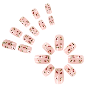 Short glossy pink press-on nails set with strawberry floral and bee patterns for women