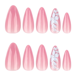 Pink ombre almond press-on nails featuring delicate white hand-painted floral art