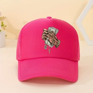 Detailed close-up of hot pink trucker hat featuring graphic hip-hop money hands illustration