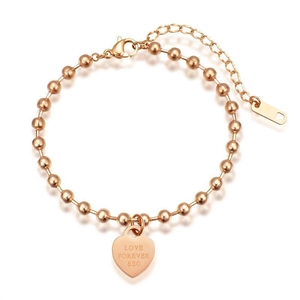 Rose gold stainless steel beaded heart bracelet engraved with Love Forever 520 text