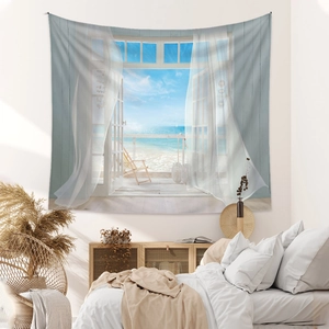 Detail of beach window scenery tapestry with ocean view and soft white curtains decor