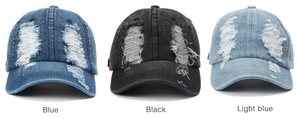 Distressed denim baseball caps in blue, black, and light blue with vintage ripped details