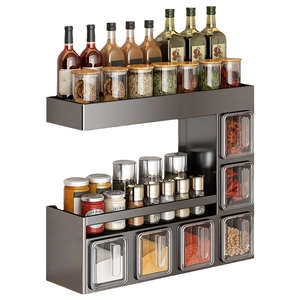Wall-mounted double-layer grey kitchen spice rack organizer with transparent storage jars