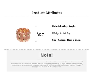 Pink acrylic cuff bracelet features golden metal studs and detailed size specifications