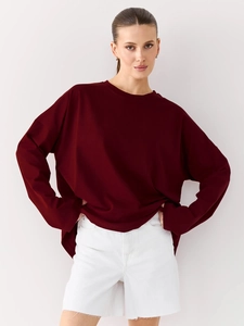 Vintage bordeauxrotes Langarm-T-Shirt aus Baumwolle für Damen im lockeren Design