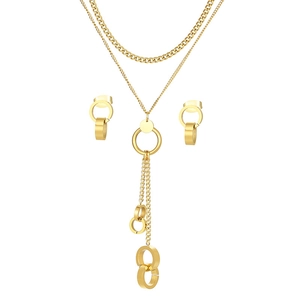 18K gold plated titanium steel jewelry set with layered necklace and hollow hoop earrings