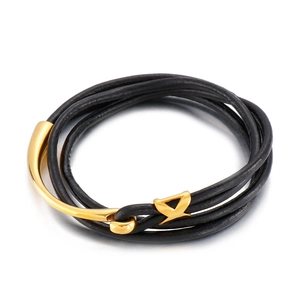 Double-wrap black leather cord bracelet with a polished gold stainless steel fishhook clasp