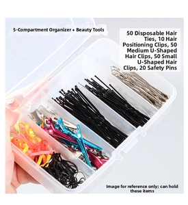 5-Fächer-Haarschmuck-Box mit Haarnadeln, Clips und bunten elastischen Haargummis