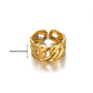 Detailed view of golden snake-style ring showing 18mm diameter and 9mm width dimensions